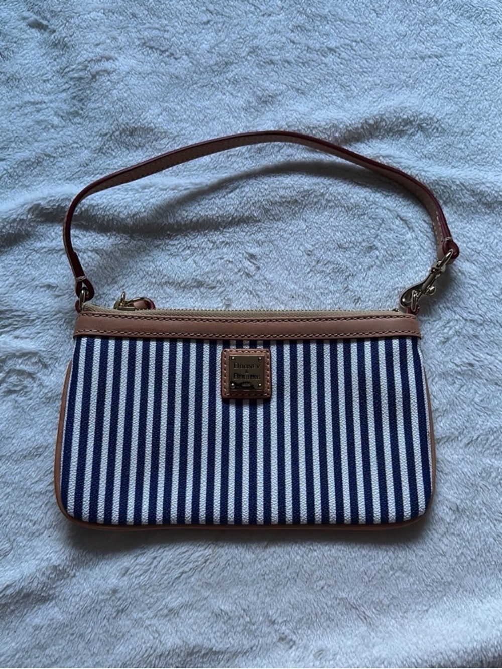 Dooney & Bourke Navy and White Striped Wristlet with Tan Trim
